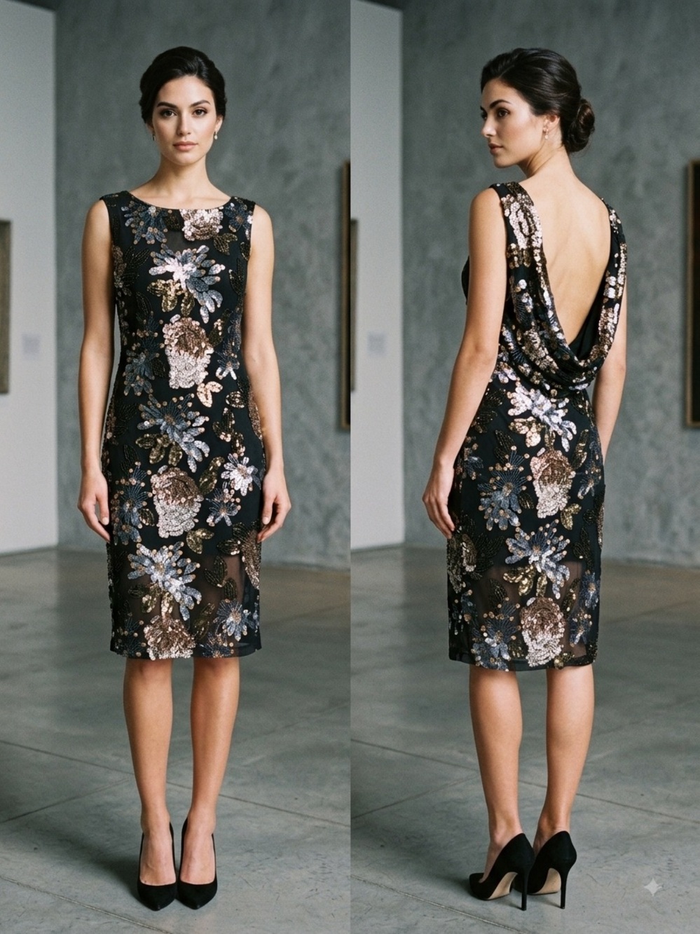 VTG Y2K Cache Floral Sequin Black Sparkle Sheath Cocktail Dress Medium.